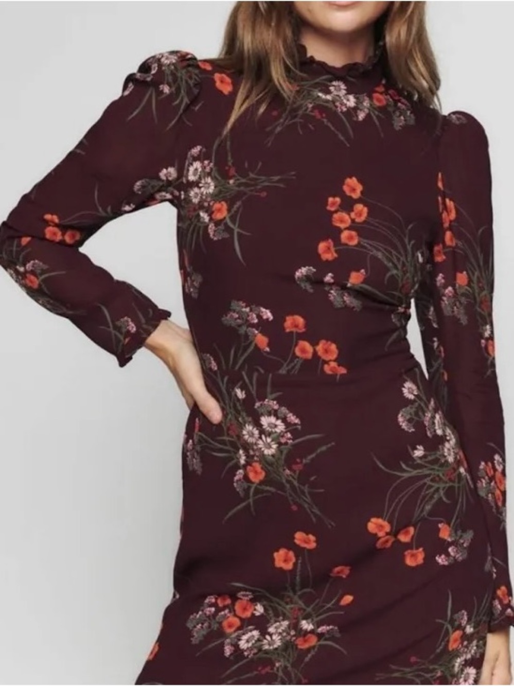 Reformation Lewis Floral Long Sleeve Mini Dress - Burgundy / Orange Poppy Size 4